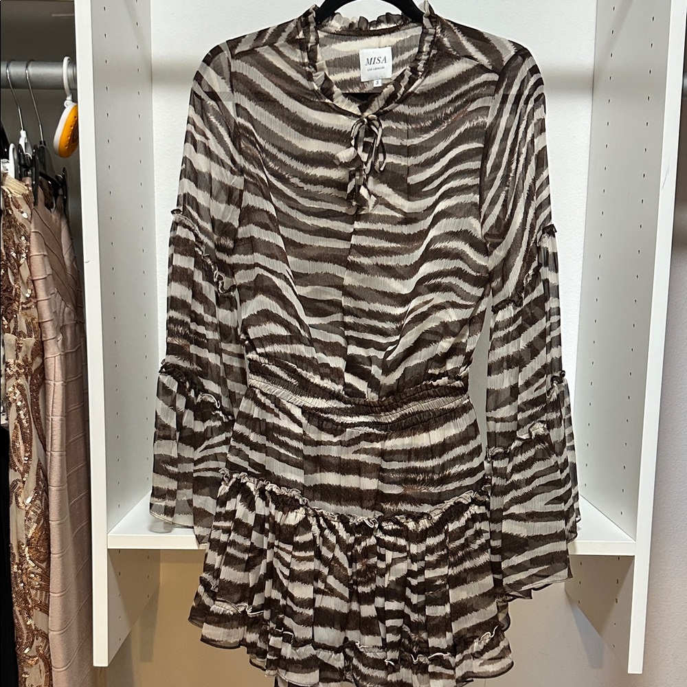 Misa Los Angeles Brown and Cream Ruffle Dress